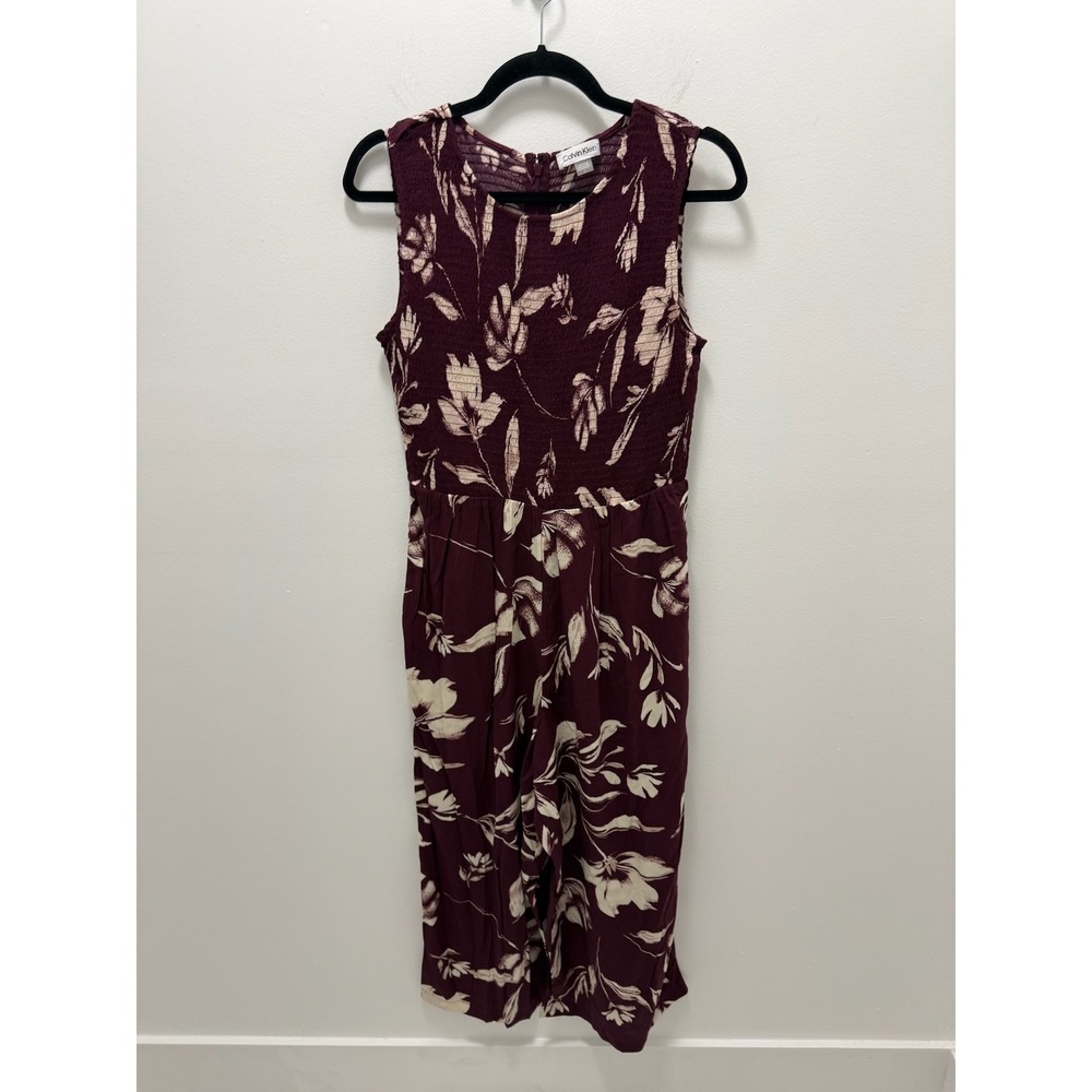 Calvin Klein Burgundy Floral Smocked Wide Leg Jumpsuit Size 8
